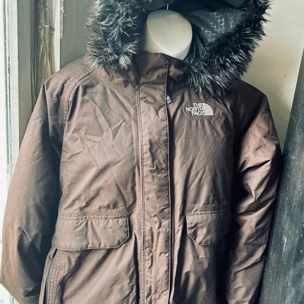 North Face short Jacket Womens Brown down fur Hood belt Greenland Hyvent